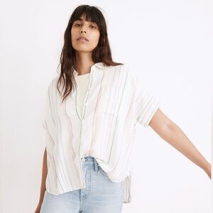 Madewell Daily Shirt in Rainbow Stripe Linen Bottom Down Short Sleeve Si…